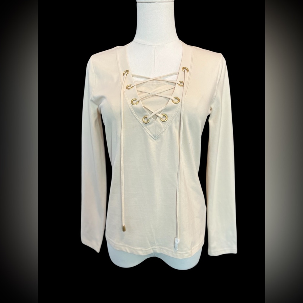 🆕 🤍 NWT KASPER Cream Knit Lace-Up Criss Cross Top | Women’s Sz S Petite